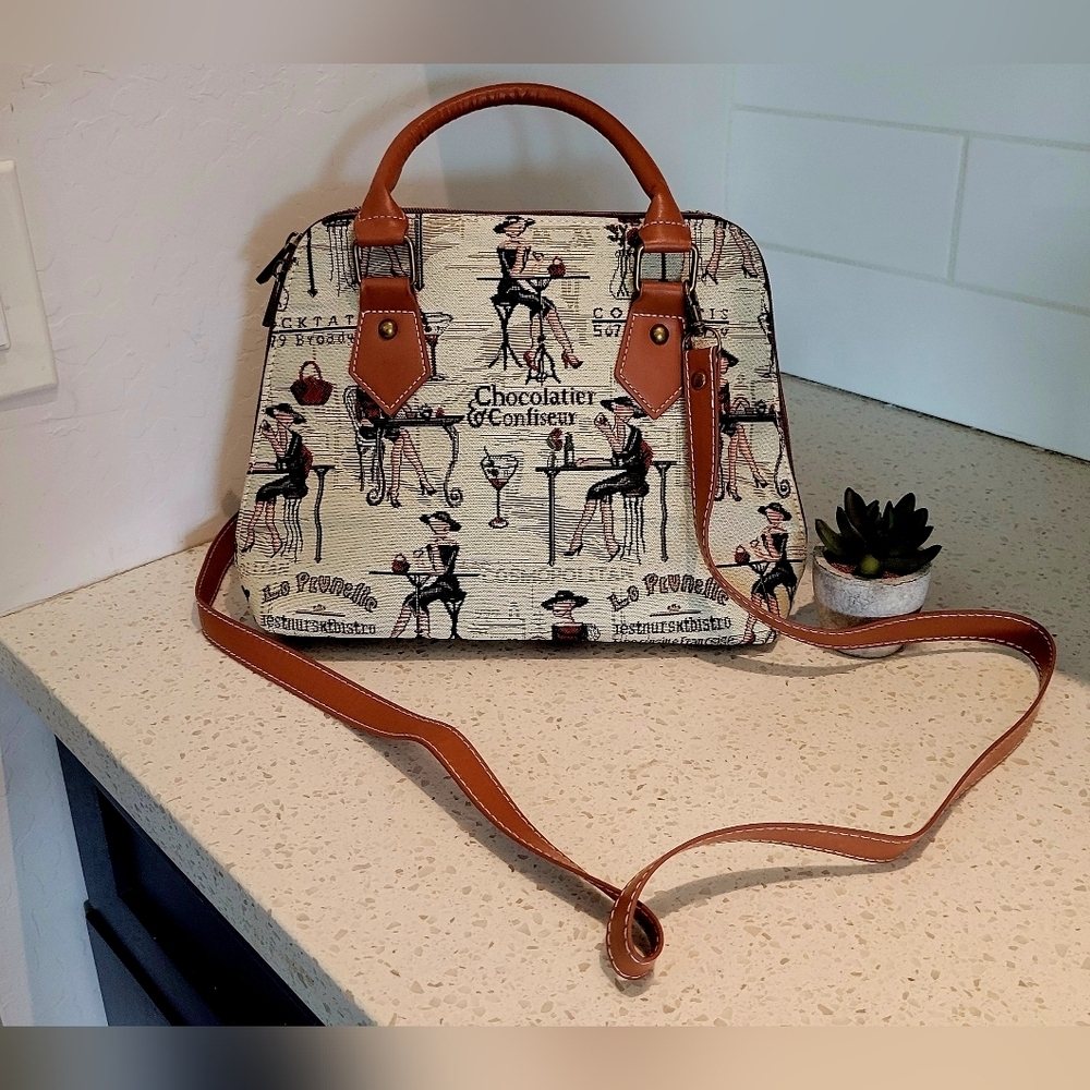 Signore Paris Bistro Print Satchel | Brown Cream Travel Style Purse - Picture 1 of 8